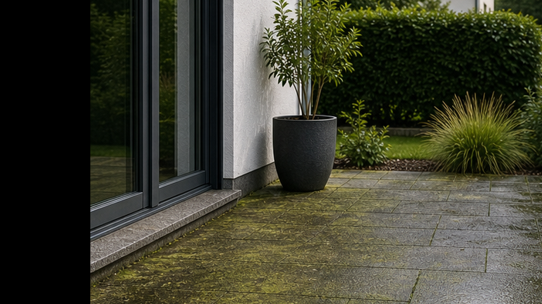 Terrasse vor der Steinreinigung – Algen und Moos